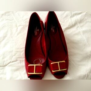 Red Peep-Toe Flats with Gold Buckle